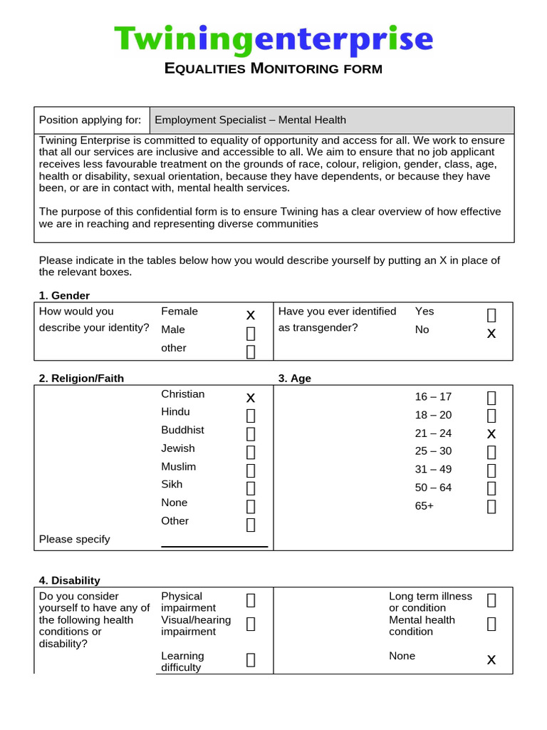 Employment Specialist Equality Form | PDF | Disability | Homosexuality