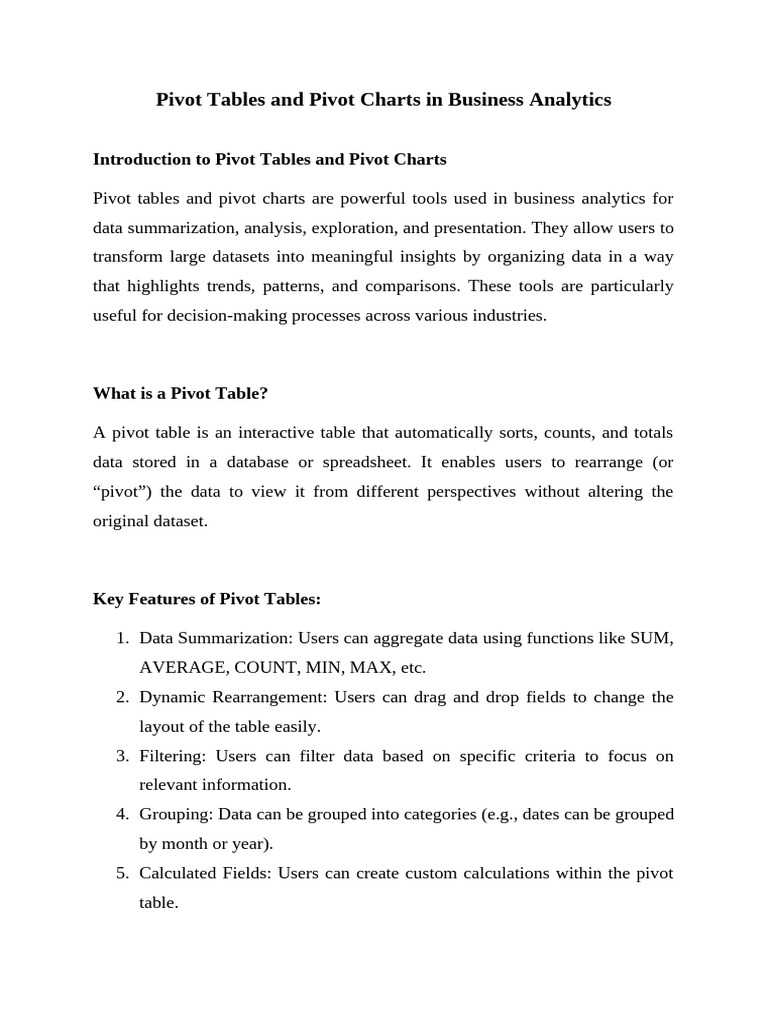 Pivot Tables and Charts in Business Analytics | PDF | Data Analysis ...
