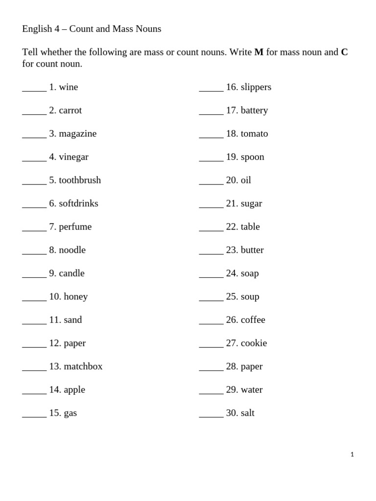 Count vs. Mass Nouns Exercise | PDF