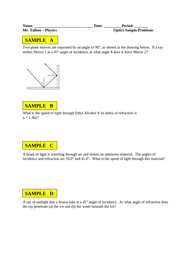 Optics Problems: Angles & Refraction | PDF | Science & Mathematics