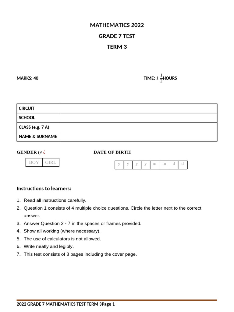 Grade 7 Term 3 Maths Test 2022 | PDF | Equations | Mathematics