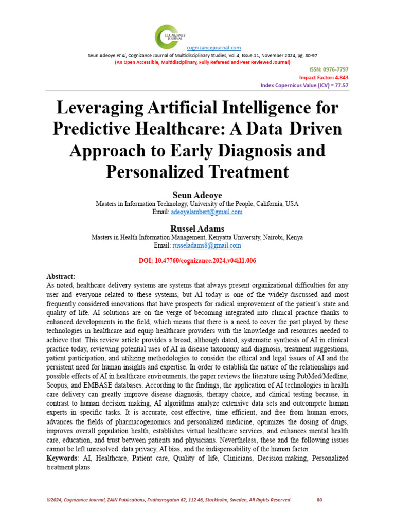 Leveraging Artificial Intelligence For Predictive Healthcare: A Data ...