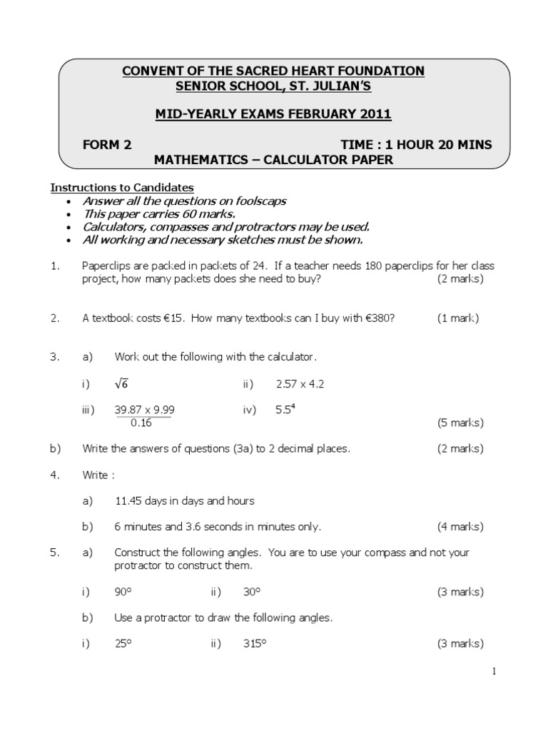 Form 2 Maths Calculator Paper 2011 | PDF | Art