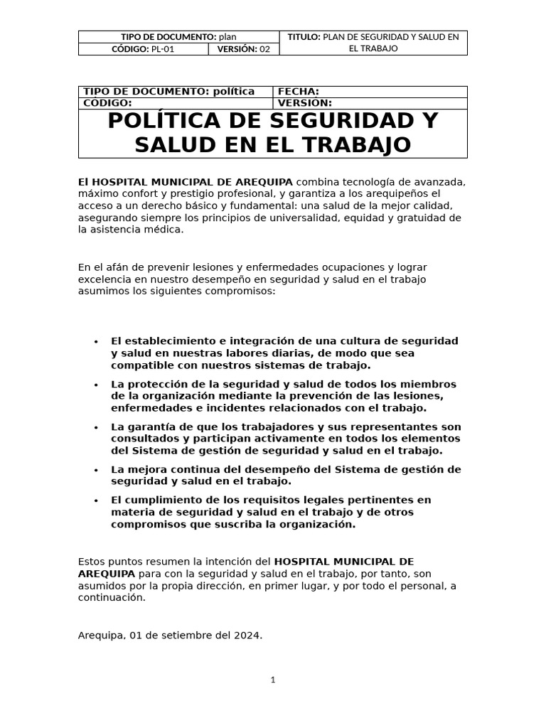 Plan de Seguridad y Salud Laboral | PDF | Seguridad y salud ocupacional ...