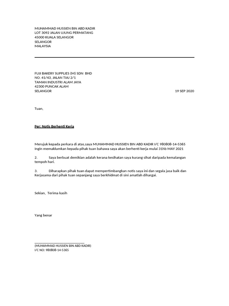 Notis Berhenti Kerja Pdf