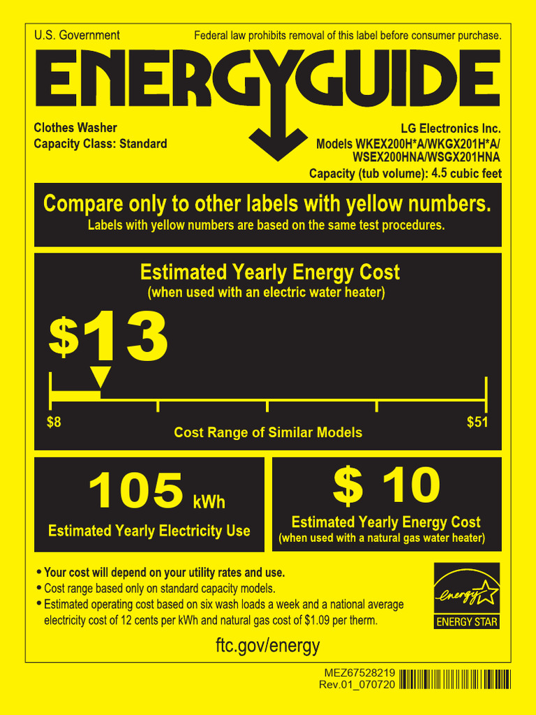 LG Energy Guide - Wkex200 Wkgx201 Wsex200 Wsgx201 Energy Guide | PDF