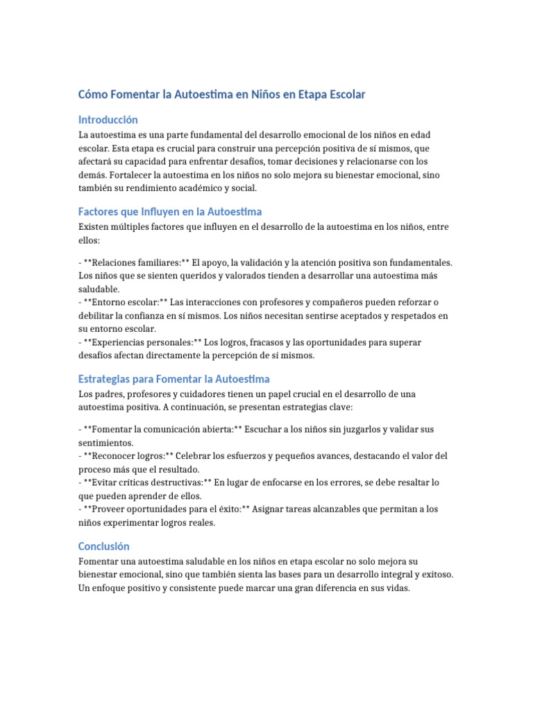Fomentar Autoestima en Niños Escolares | PDF