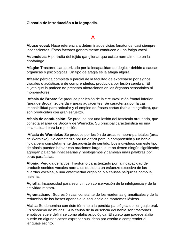 Glosario de Introducción A La Logopedia | PDF | Afasia | Habla