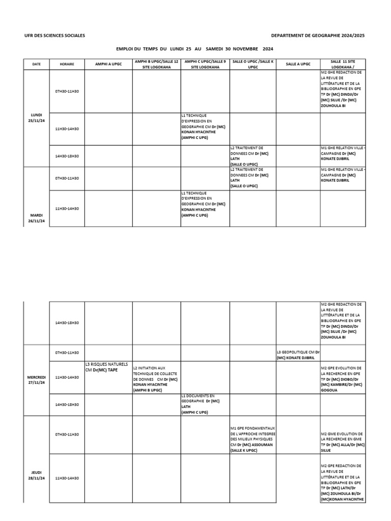 Emploi du temps UPGC 2024/2025 | PDF | Enseignement des Arts libéraux