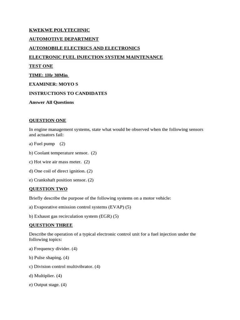 Electronic Fuel Injection System Maintenance Test One | PDF | Computers