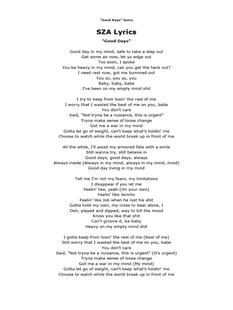 Sza good days lyrics pdf