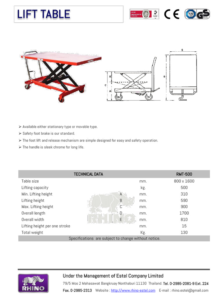 RMT-500 Lift Table Specifications | PDF