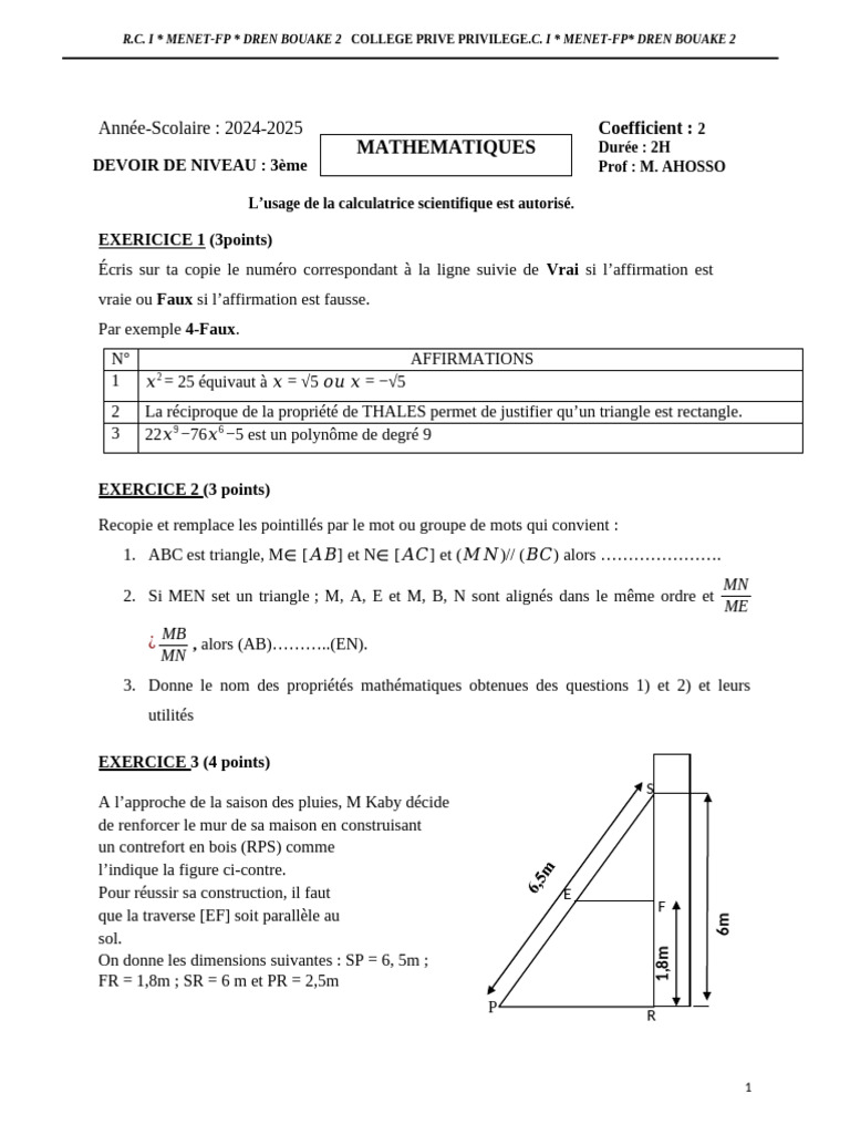 Devoir de Maths 3ème Année 20242025 PDF Mathématiques — free download