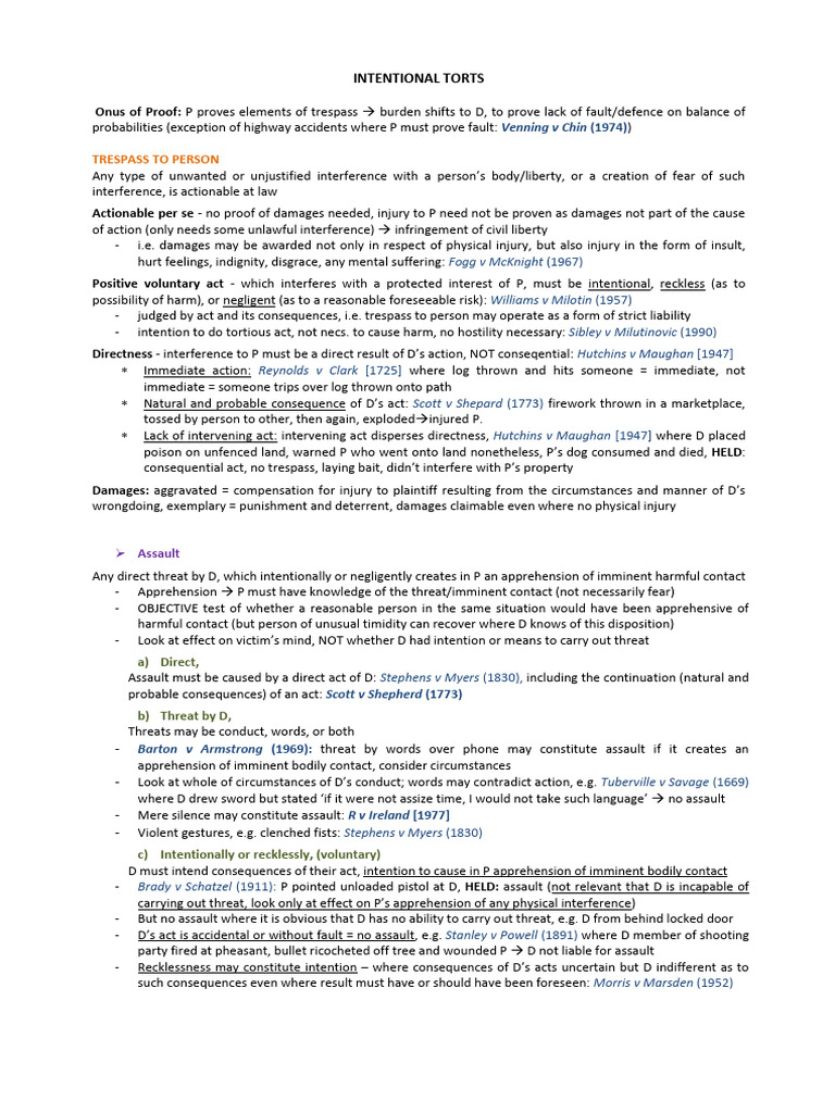 Intentional Torts Overview | PDF | Assault | Trespass