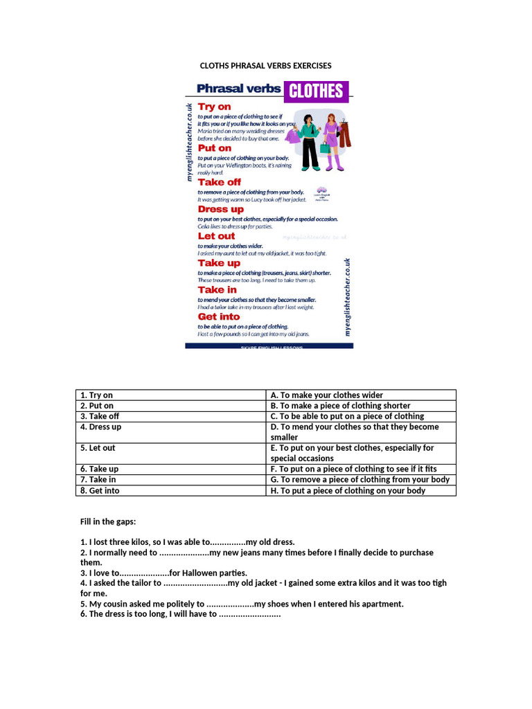 Phrasal Verbs for Clothing Exercises | PDF