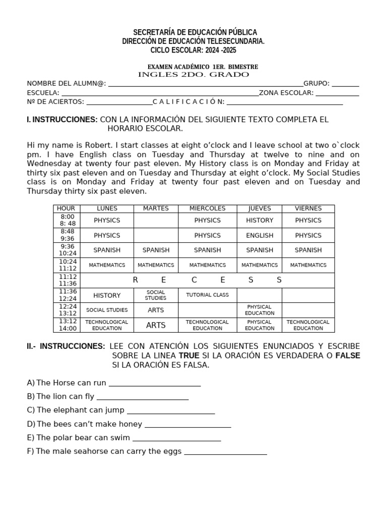 Examen de Inglés 2do Grado 2024-2025 | PDF