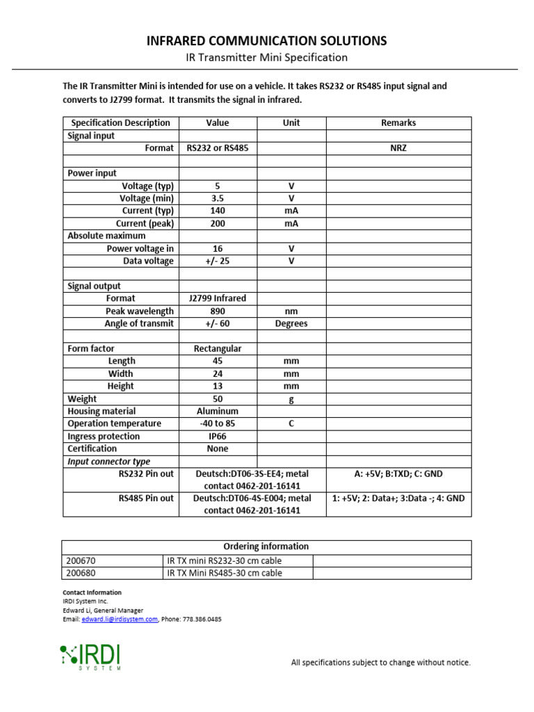 IR Transmitter Mini Specifications | PDF