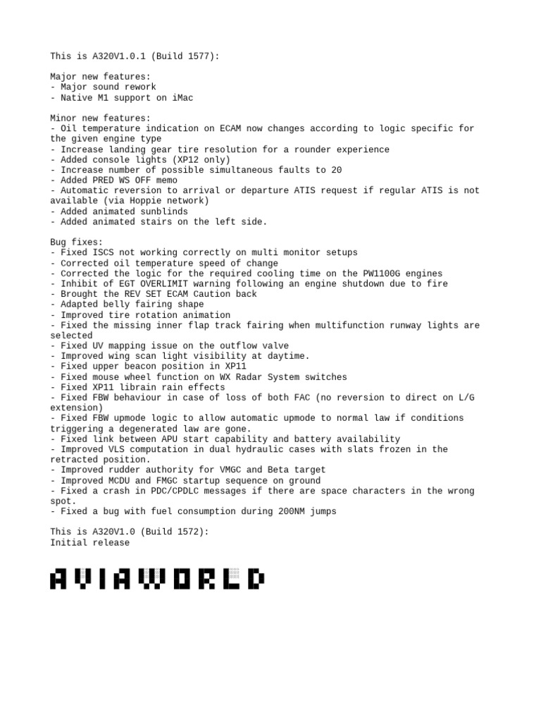 A320 V1.0.1 Update: Features & Fixes | PDF