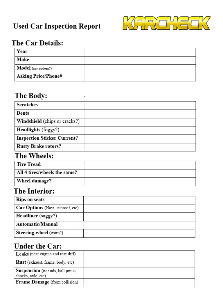 Used Car Inspection Checklist Report | PDF | Vehicles | Motor Vehicle