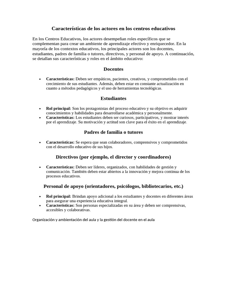 Características de Los Actores en Los Centros Educativos | PDF
