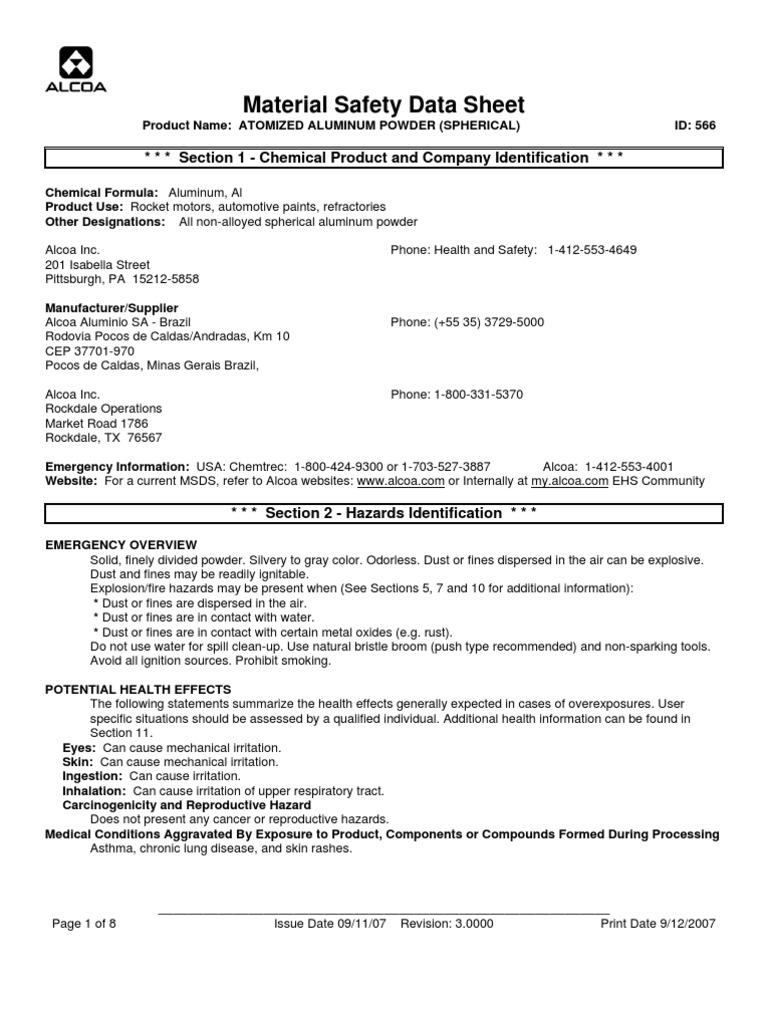 Msds Aluminium Powder PDF Occupational Hygiene Dangerous Goods