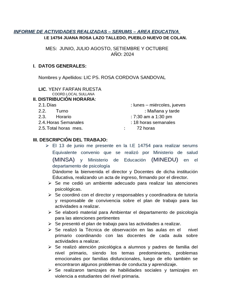 Informe para Serums Presentar Region Salud J, J, A, S, o Okk | PDF ...