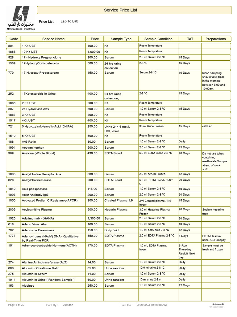 Comprehensive Lab Service Price List | PDF | Blood Plasma | Antibody