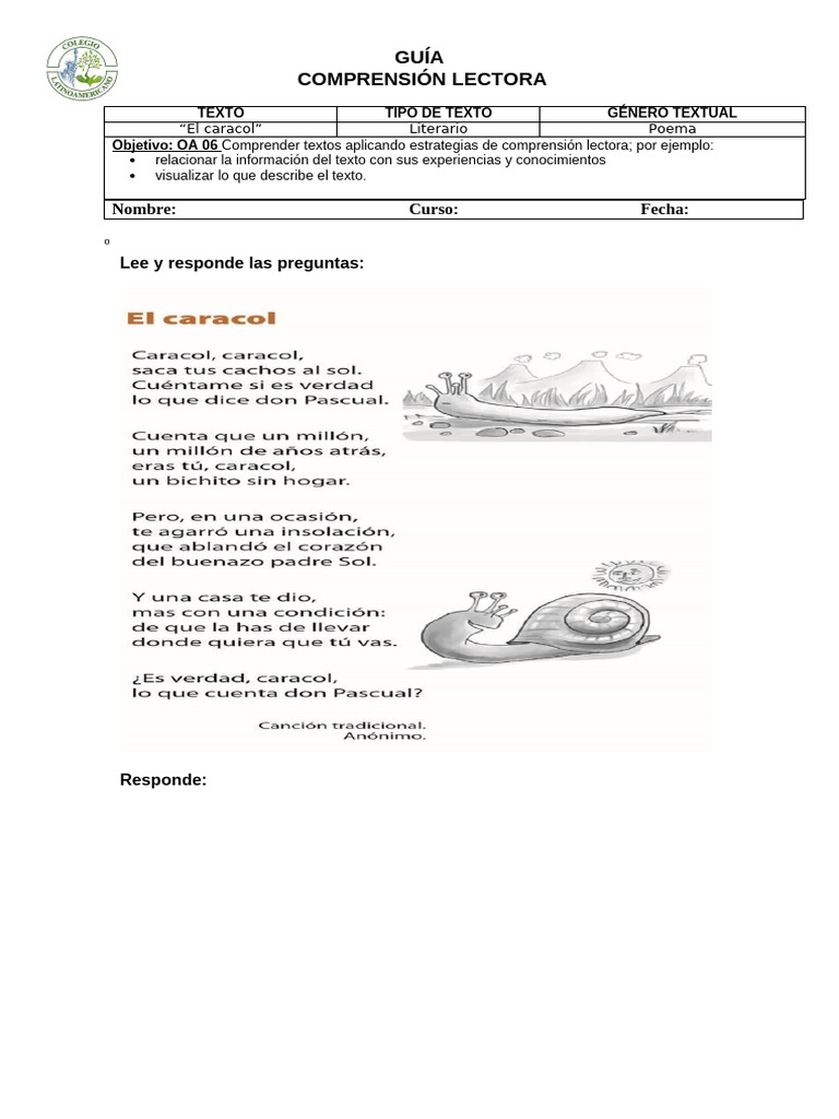 Guía de Comprensión Lectora: El Caracol | PDF