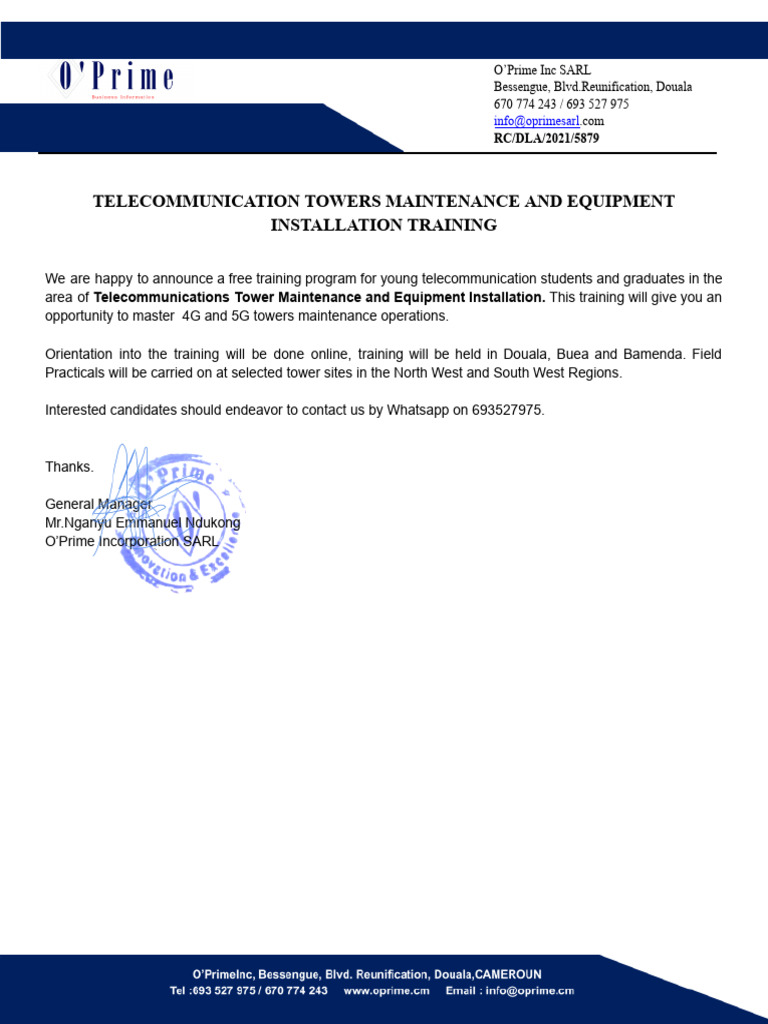 Free Telecom Tower Training Program | PDF