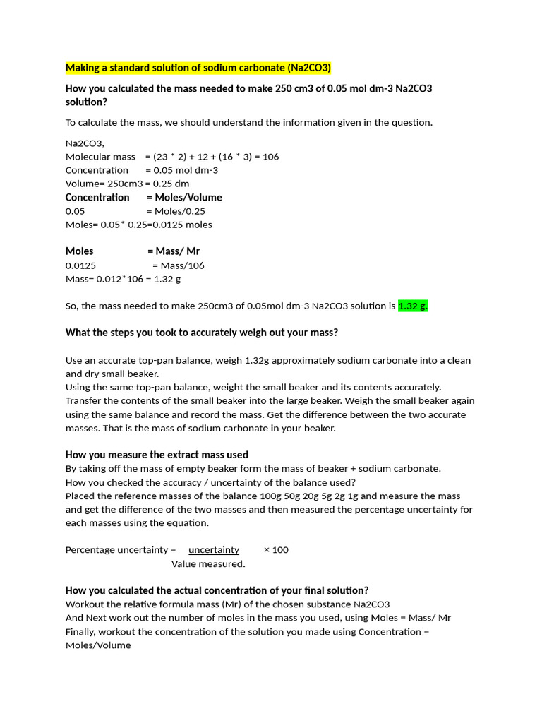 Making A Standard Solution of Sodium Carbonate | PDF | Mole (Unit) | Ph