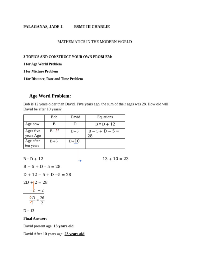 Solving age word problem mixture problem and distance rate and time