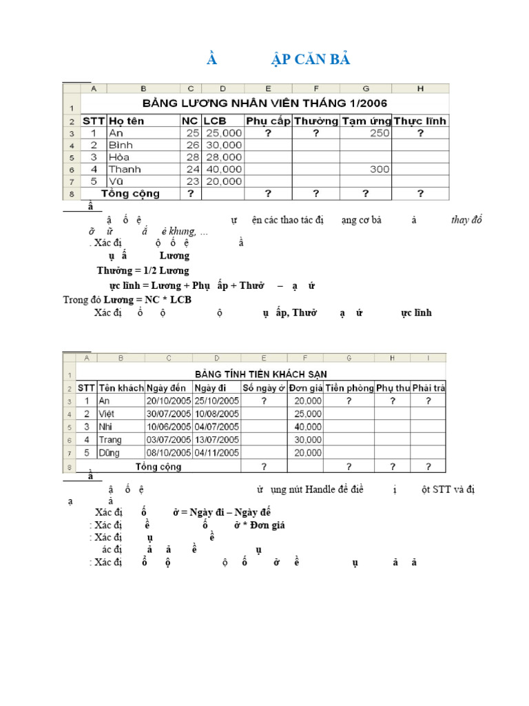 PHẦN BÀI TẬP CĂN BẢN Excel | PDF