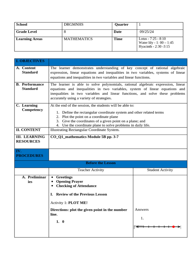 DLP - Math 8 - Q1 - Rectangular Coordinates System. Day 1 Check | PDF ...