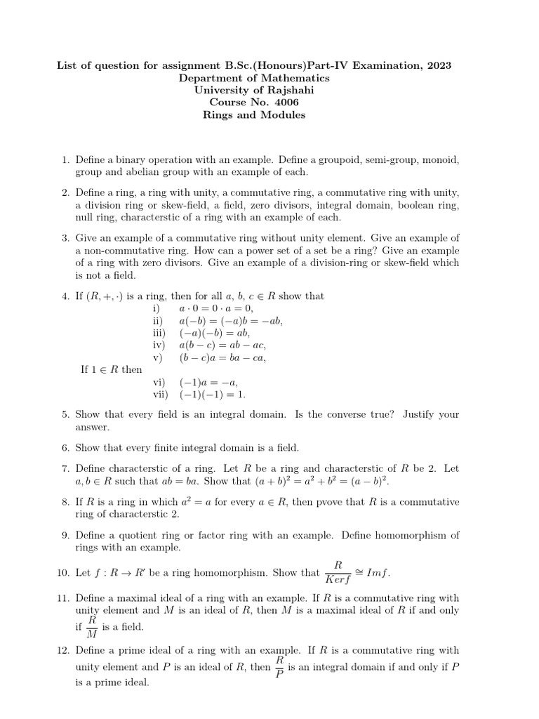 B.Sc. Math Exam 2023: Rings & Modules | PDF | Ring (Mathematics ...