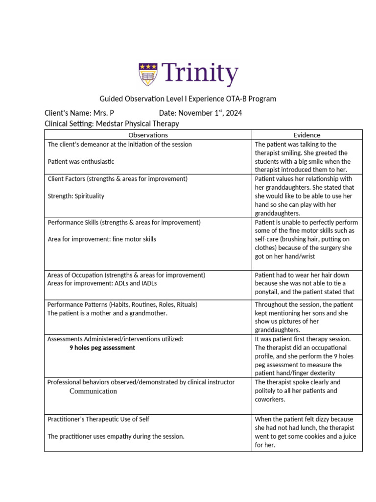 OTA 400 FW Guided Observation Sheet 1 | PDF | Psychotherapy | Pain