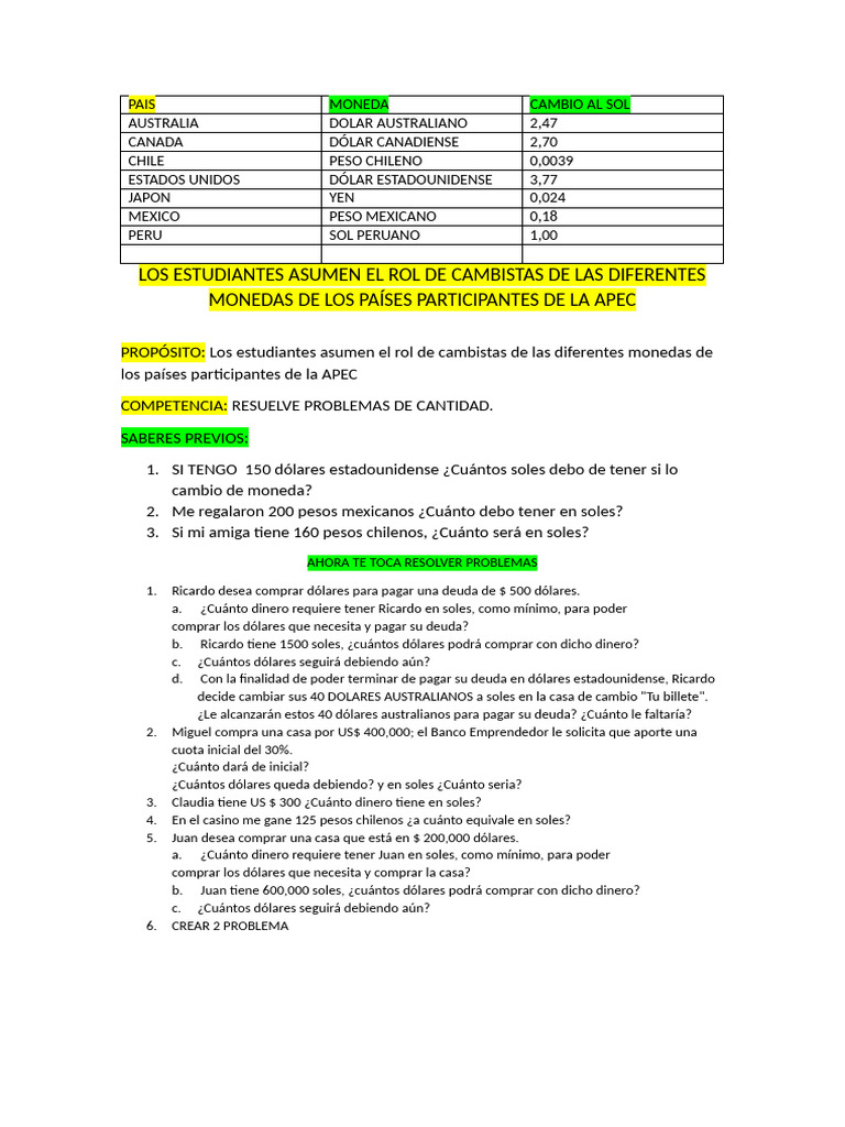 Cambio de Monedas para Estudiantes | PDF | Dólar de los Estados Unidos |  Numismática