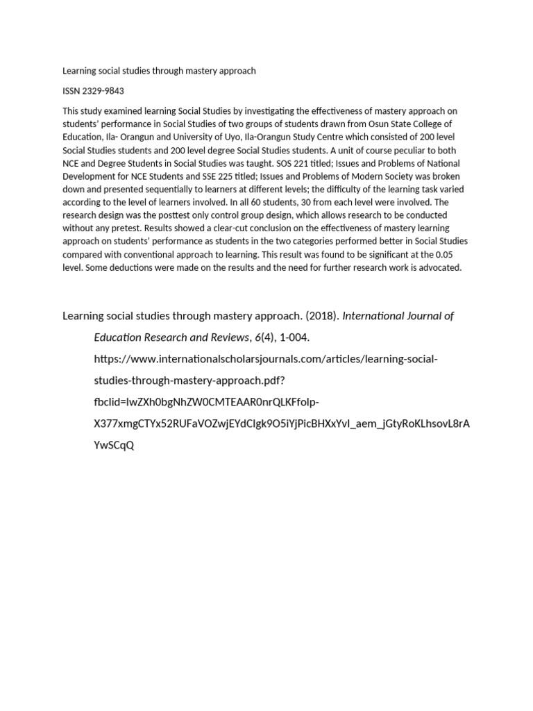 Mastery Approach in Social Studies Education | PDF | Teachers | Learning