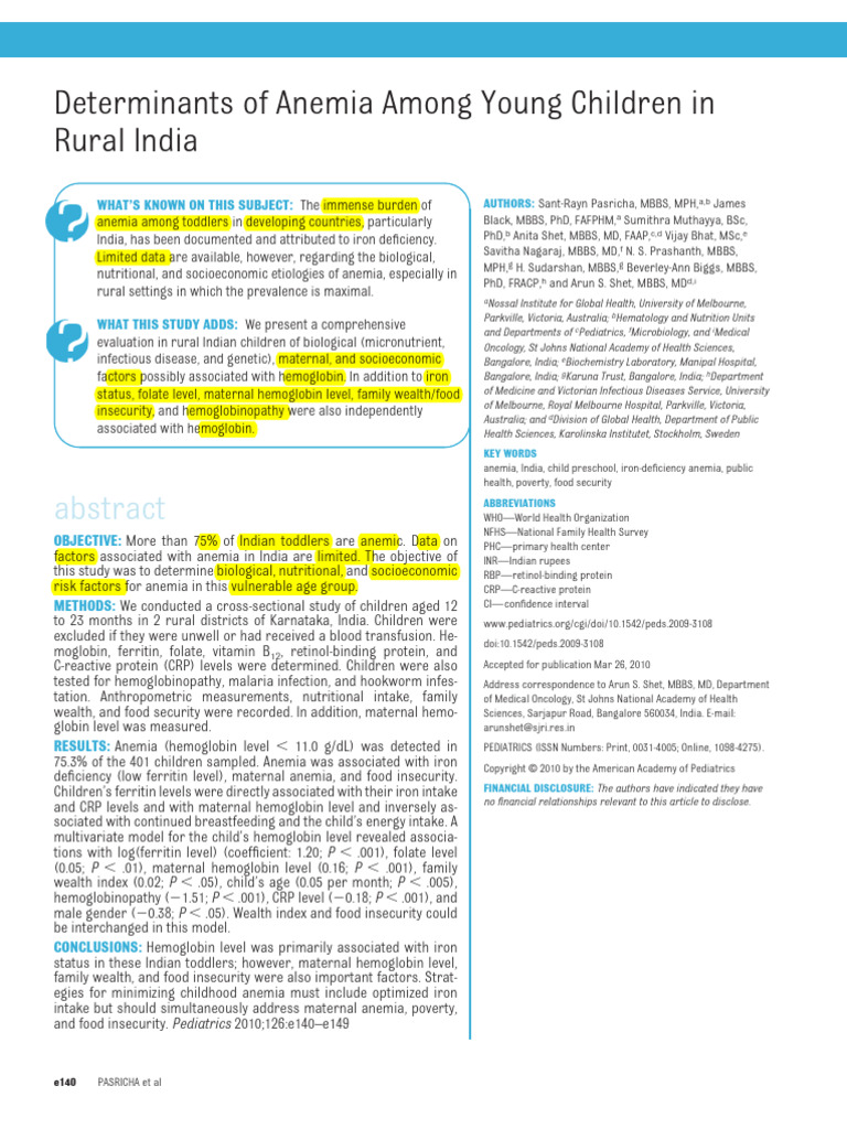 Determinants of Anemia Among Young Children in RURAL INDIA | PDF | Anemia