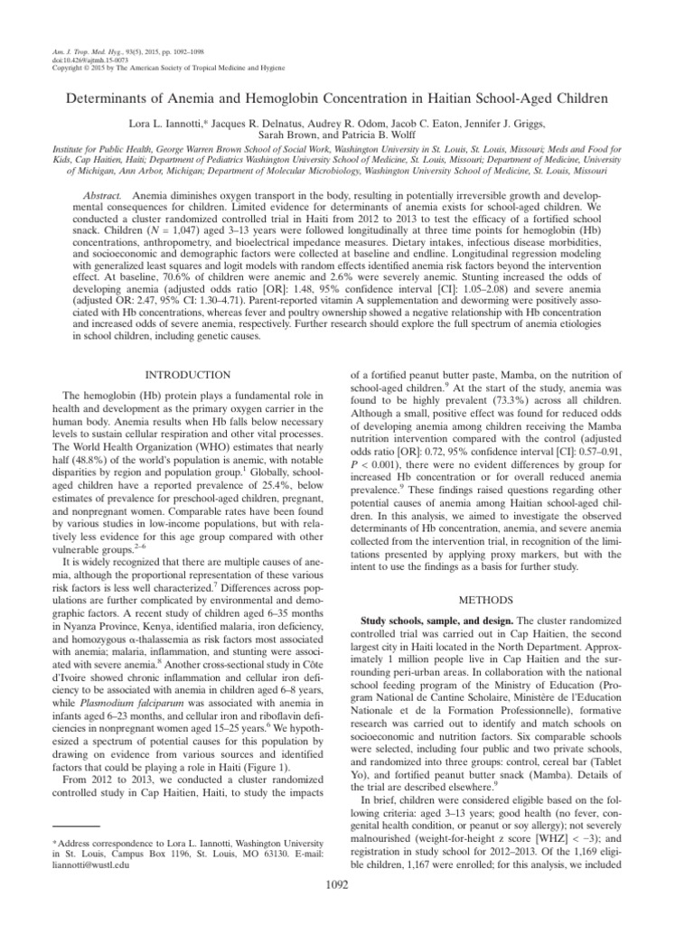 Determinants of Anemia and Hemoglobin Concentration in Haitian School ...