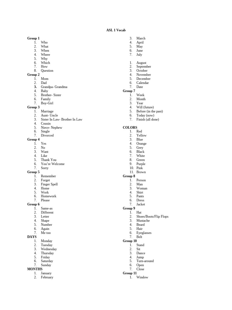 Asl 1 vocab year list pdf cuisine foods