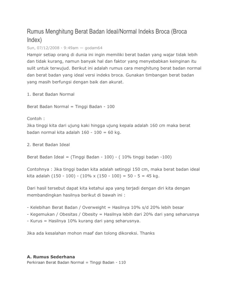 Rumus Menghitung Berat Badan Ideal | PDF