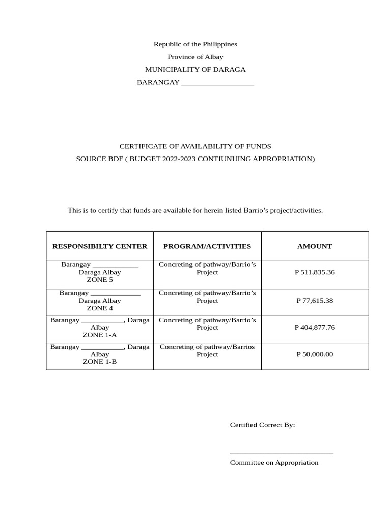 1 Certificate of Availability of Funds PDF Finance Money Management