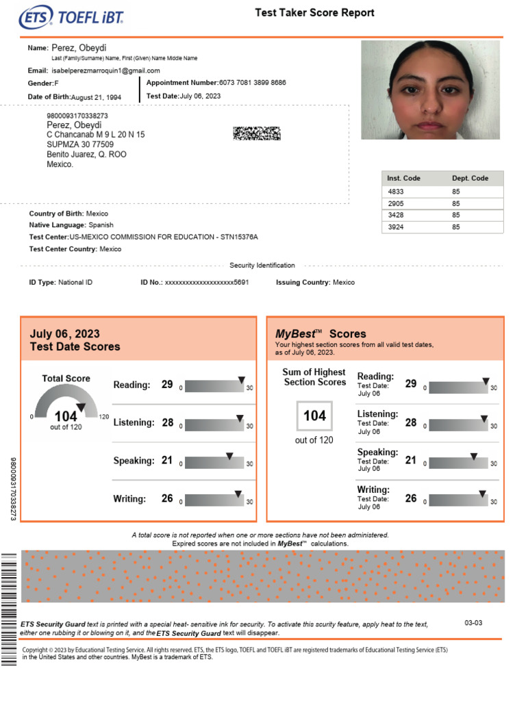 TOEFL iBT Score Report Example | PDF | Test Of English As A Foreign ...