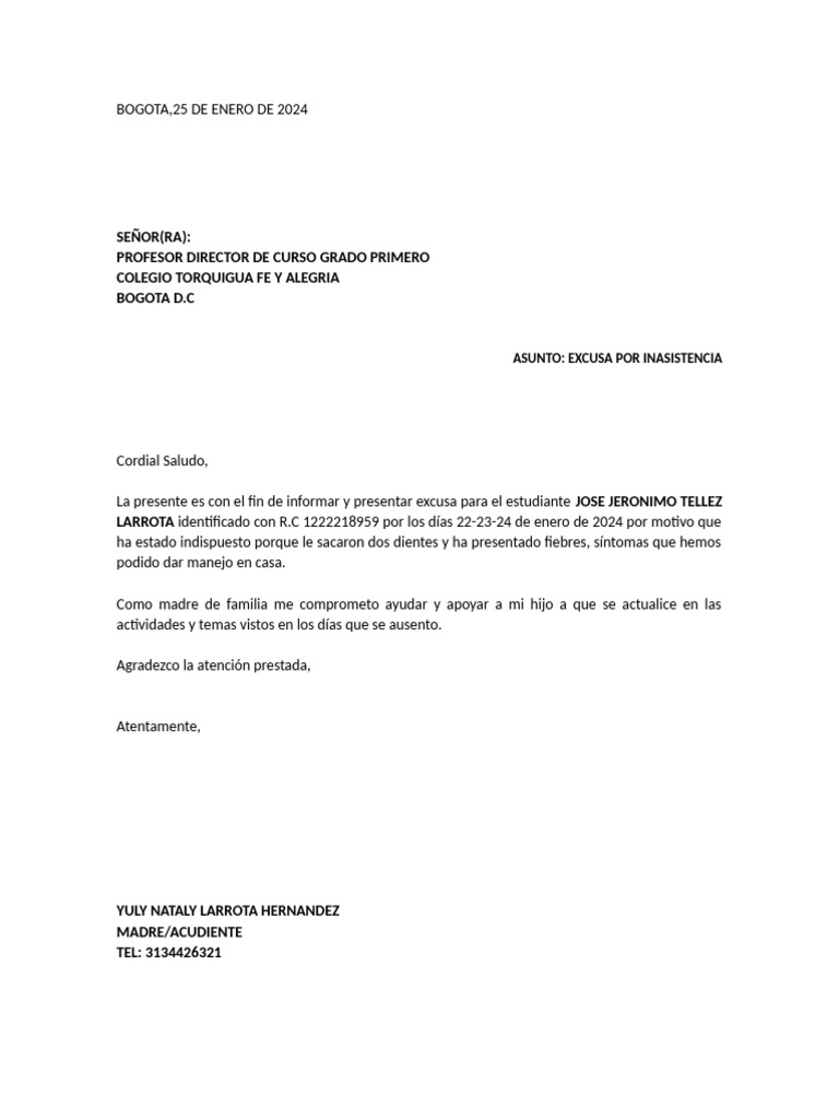 Excusas por Inasistencia Escolar | PDF