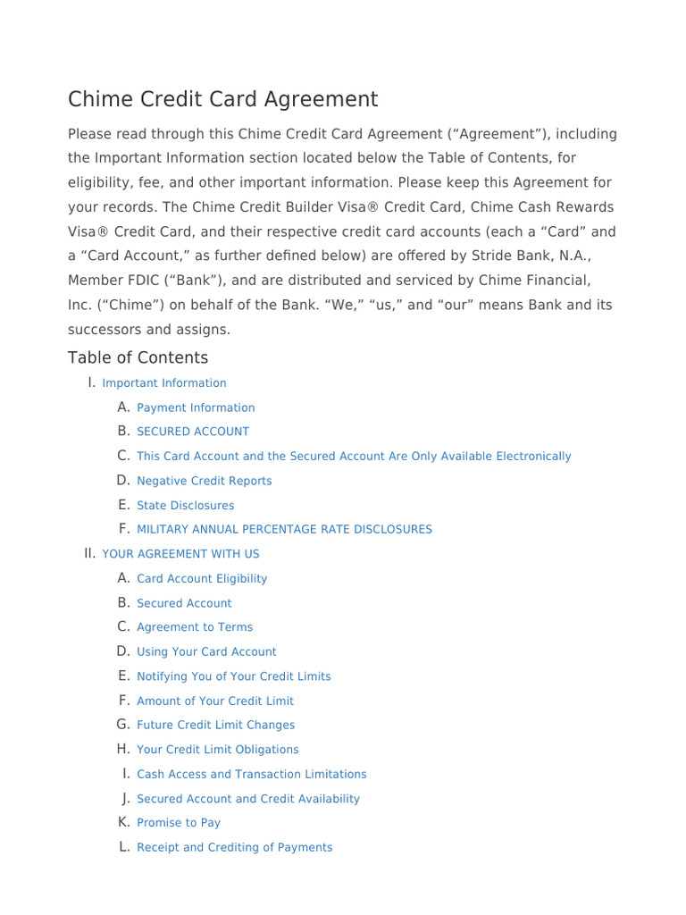 Chime Credit Card Agreement Overview | PDF | Credit Card | Payments