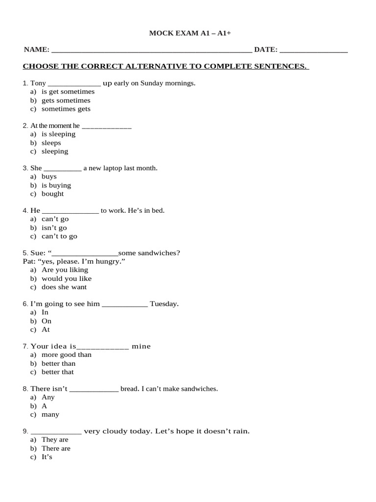 Mock Exam A1 A1+ | PDF