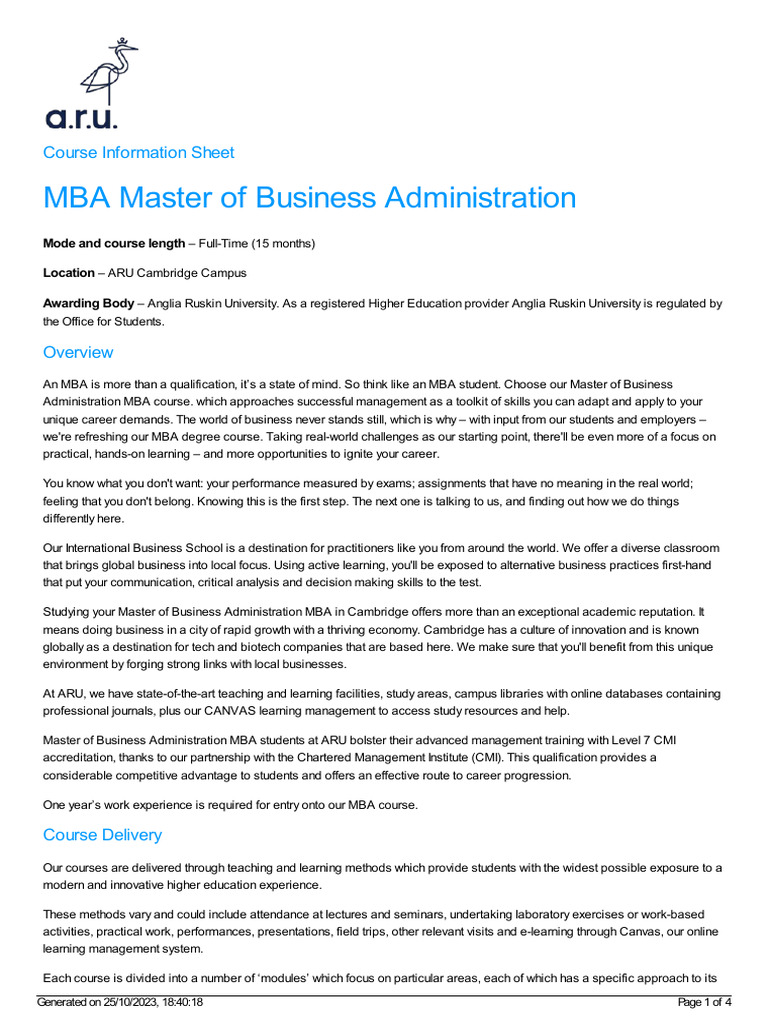 ARU MBA Course Details and Overview | PDF | Entrepreneurship | Master ...