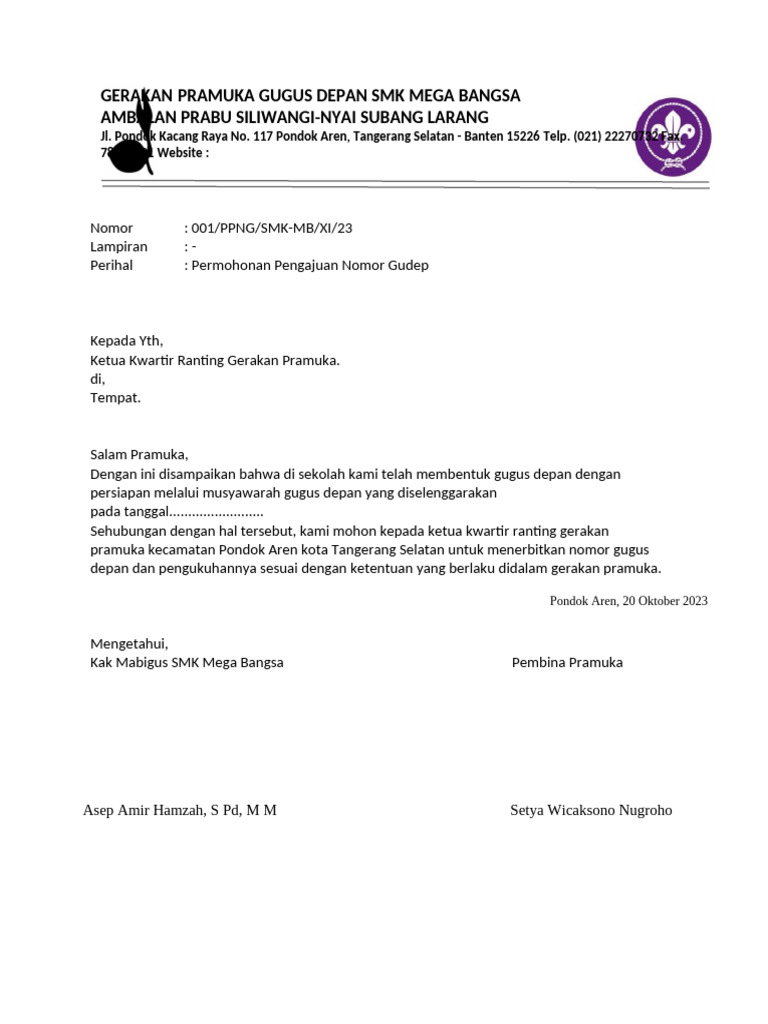 Permohonan Nomor Gudep Pramuka SMK MB | PDF