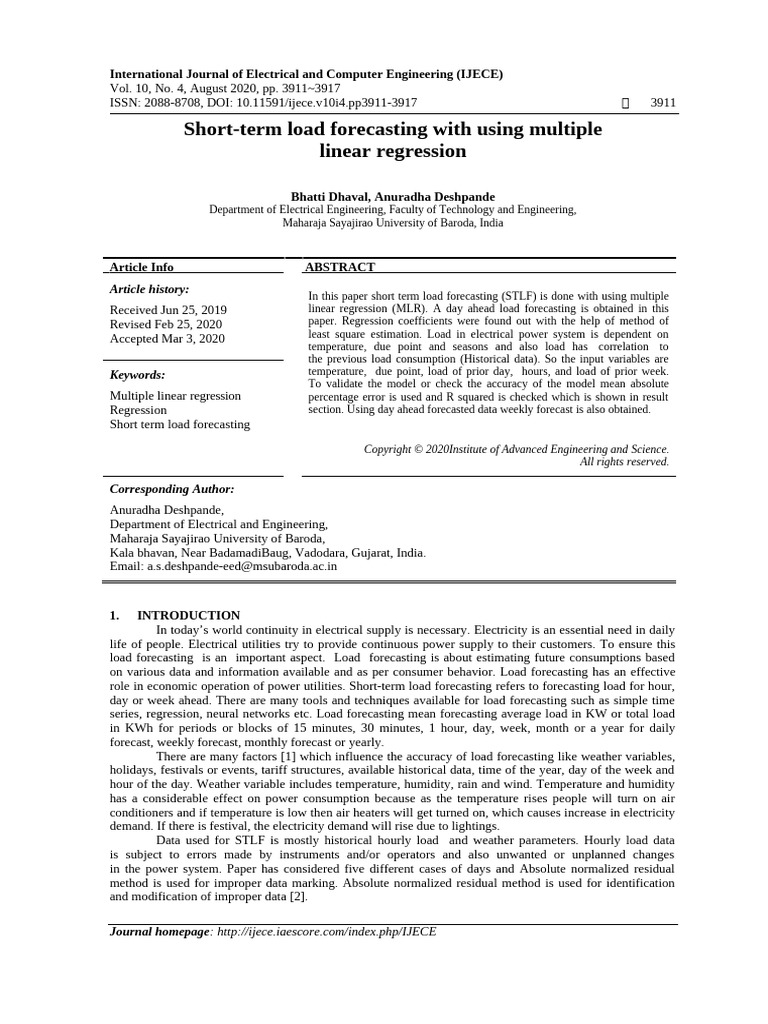 Short Term Load Forecasting With Using M | PDF | Linear Regression ...