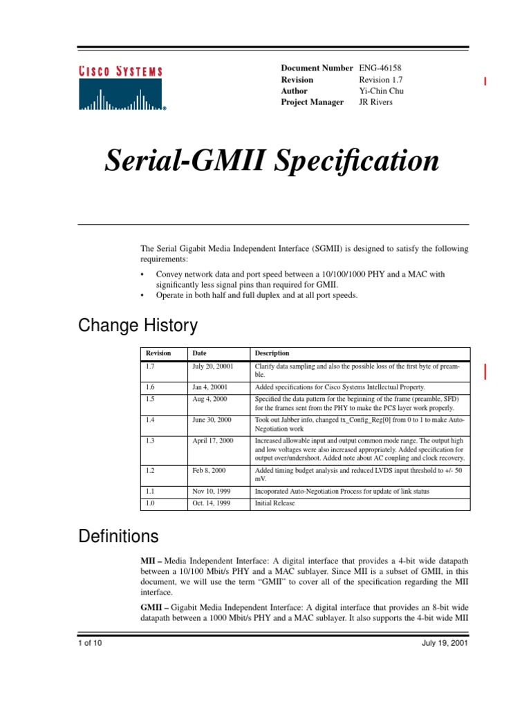 Specification for the Serial Gigabit Media Independent Interface (SGMII ...